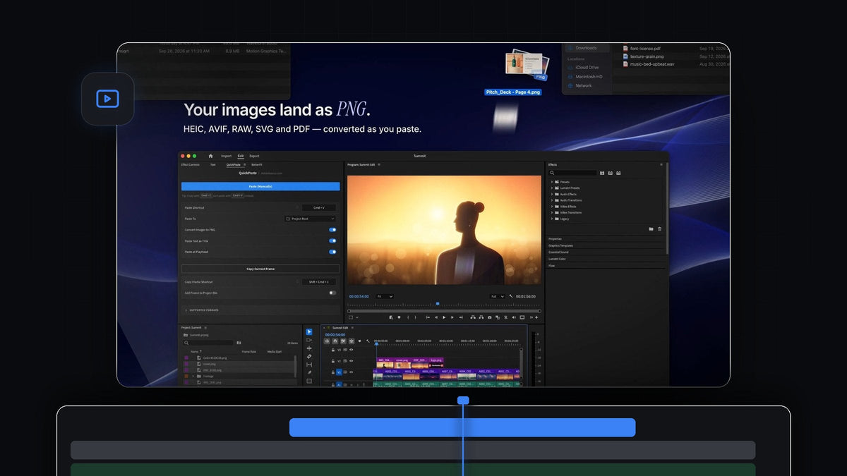 QuickPaste in Premiere Pro converting pasted images to PNG, with a portrait shot in the Program Monitor and pasted files on the timeline