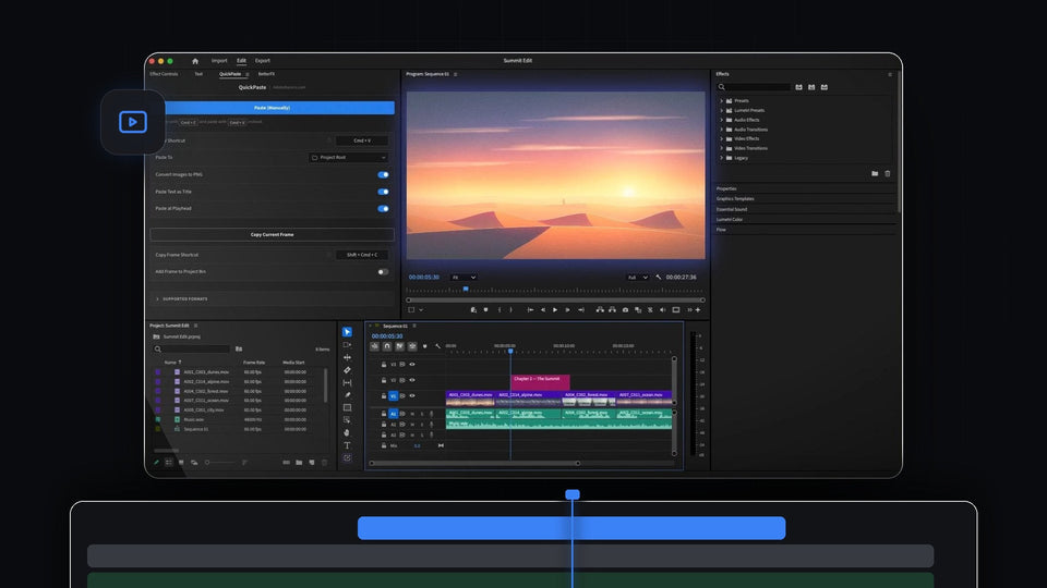 Premiere Pro with the QuickPaste panel open and a pasted desert sunset image in the Program Monitor