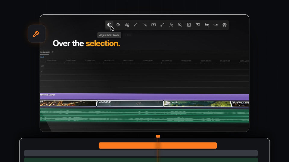 One adjustment layer over the selected clips in a Premiere Pro timeline, added with one click in Mako