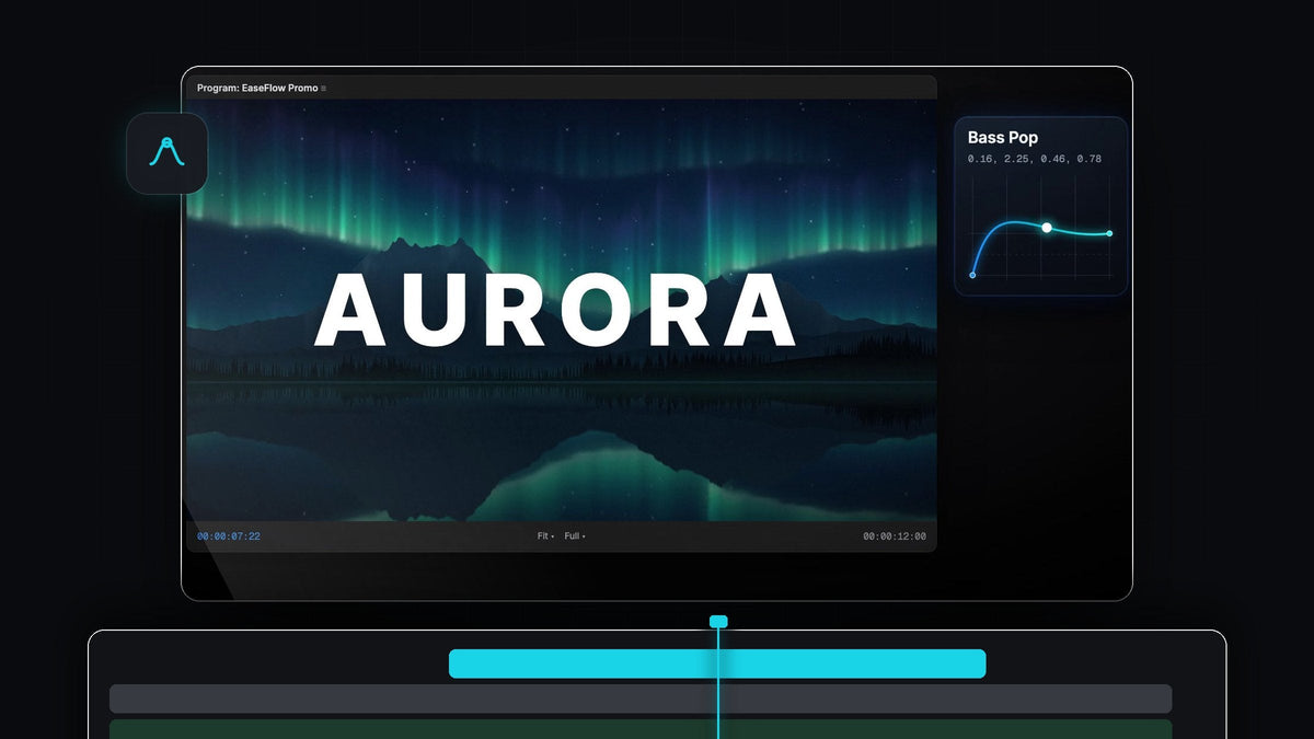 EaseFlow Bass Pop curve easing an AURORA title in the Premiere Pro Program monitor