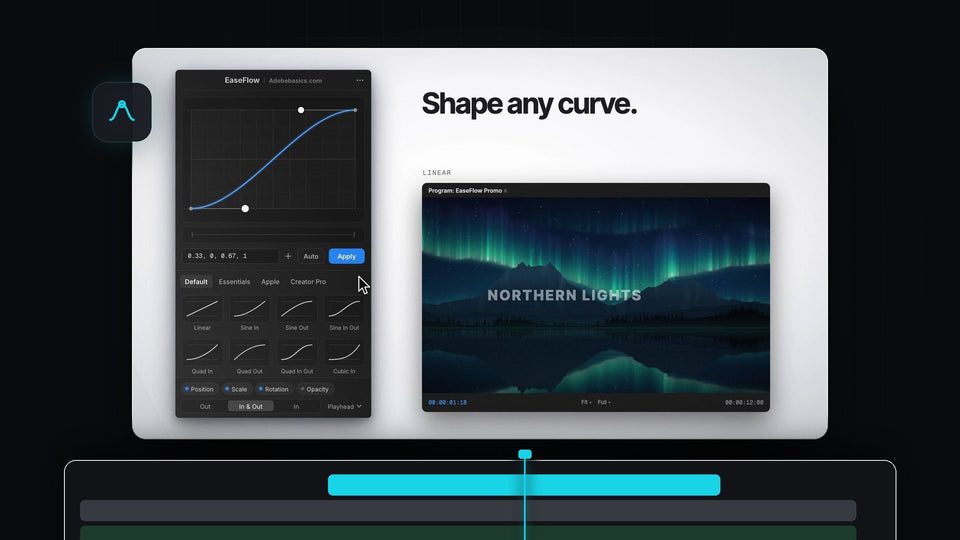EaseFlow panel shaping an S-curve next to a Northern Lights shot in the Premiere Pro Program monitor