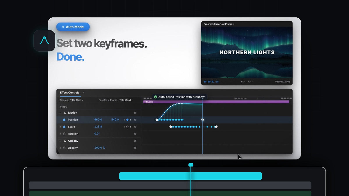 EaseFlow Auto Mode easing a Northern Lights title's Position keyframes in Premiere Pro 2024 Effect Controls