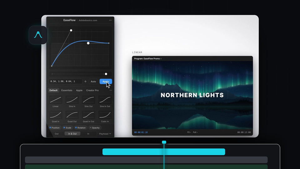 EaseFlow easing panel in Premiere Pro applying a custom overshoot curve to a Northern Lights title