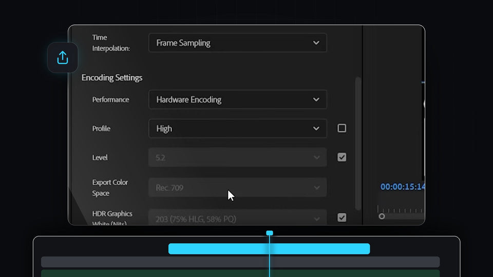 Premiere Pro Export Settings window showing Hardware Encoding, Profile High and Level 5.2 encoding settings