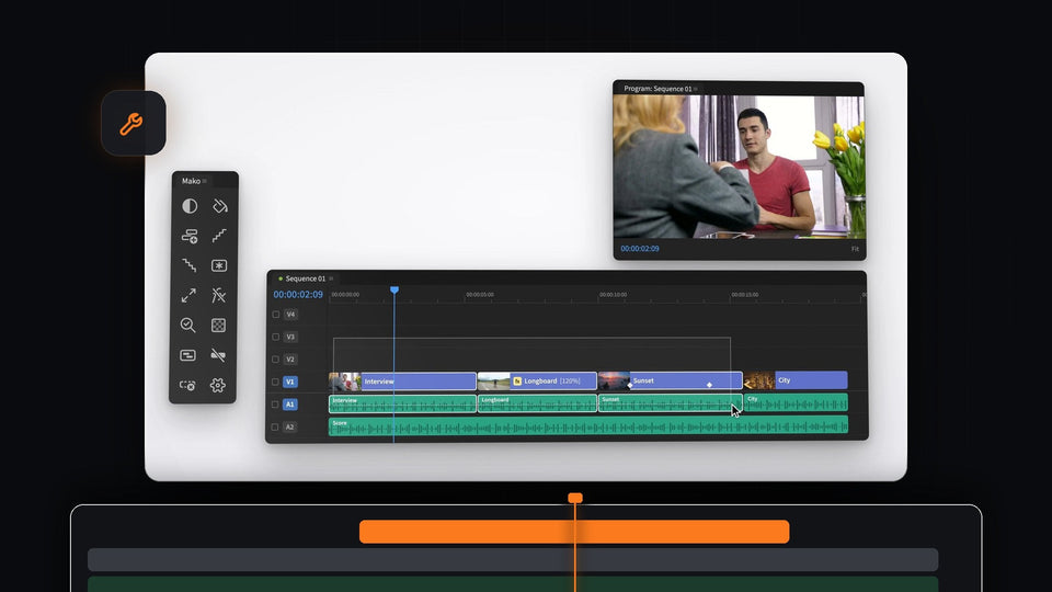 Mako panel next to a Premiere Pro 2021 timeline with an interview clip selected, ready for a one-click adjustment layer