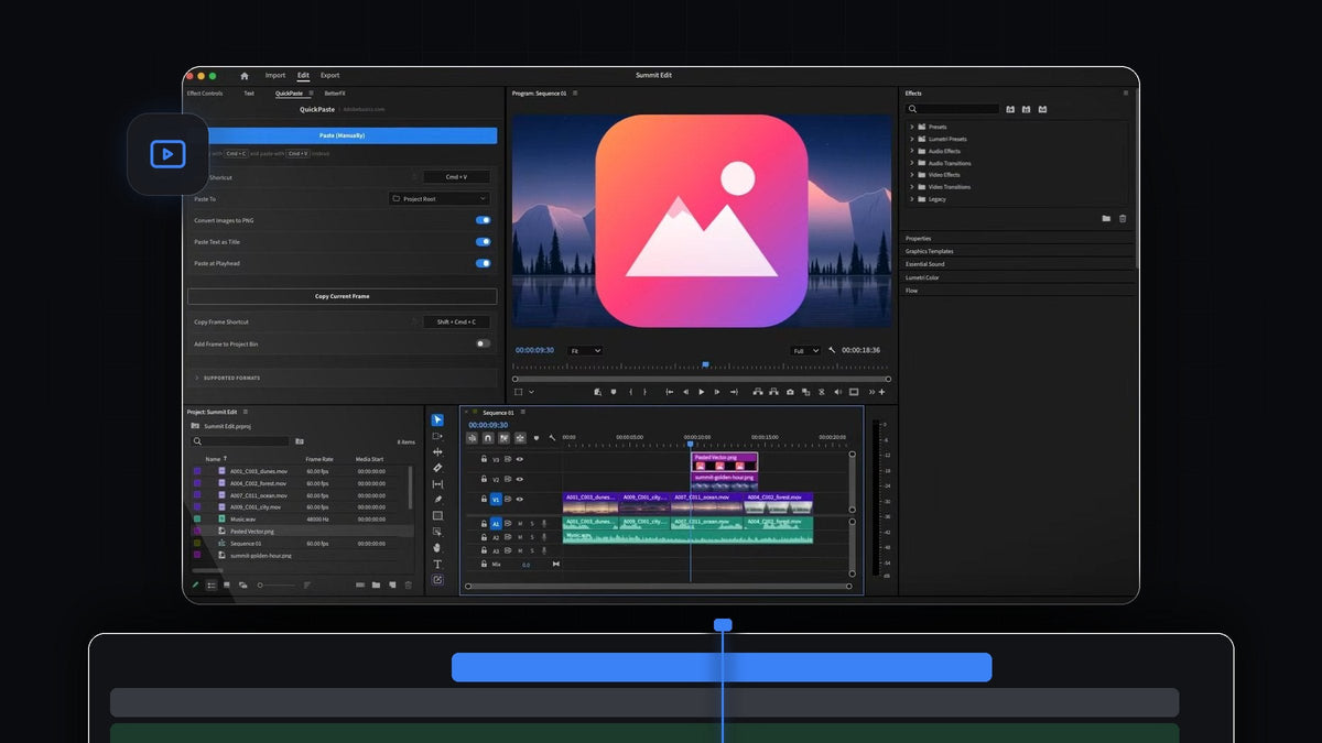 Premiere Pro with the QuickPaste panel open and a pasted vector logo in the Program Monitor and on the timeline