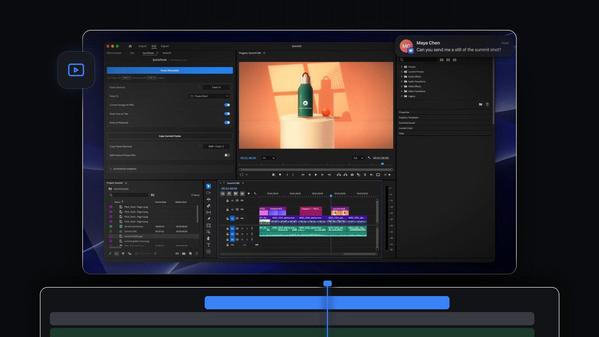 Premiere Pro 2026 with the QuickPaste panel open and a client message asking for a still of the shot