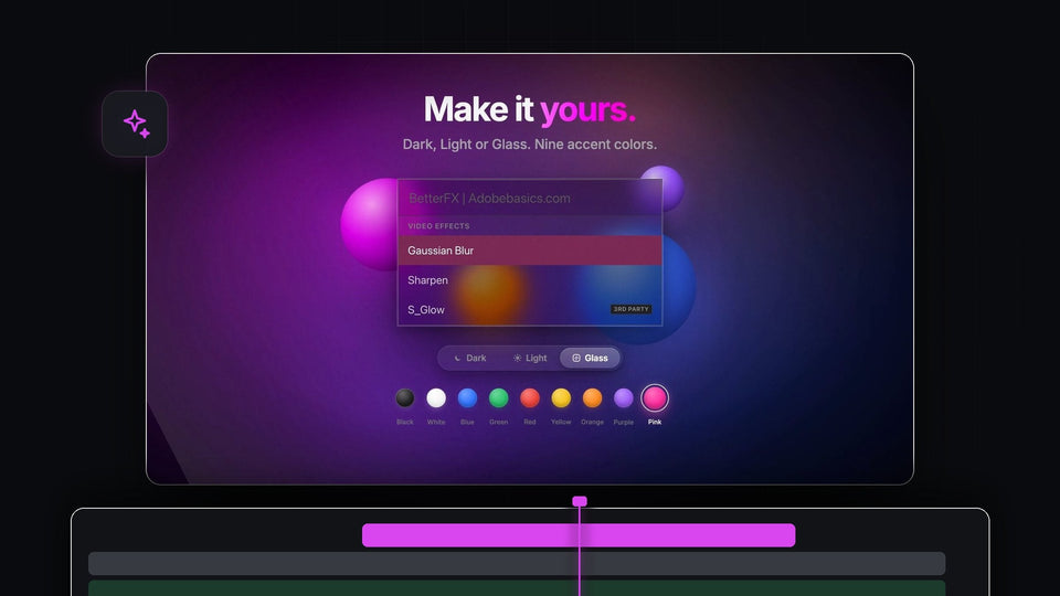BetterFX search bar in Glass mode with Gaussian Blur highlighted and nine accent colors for Premiere Pro