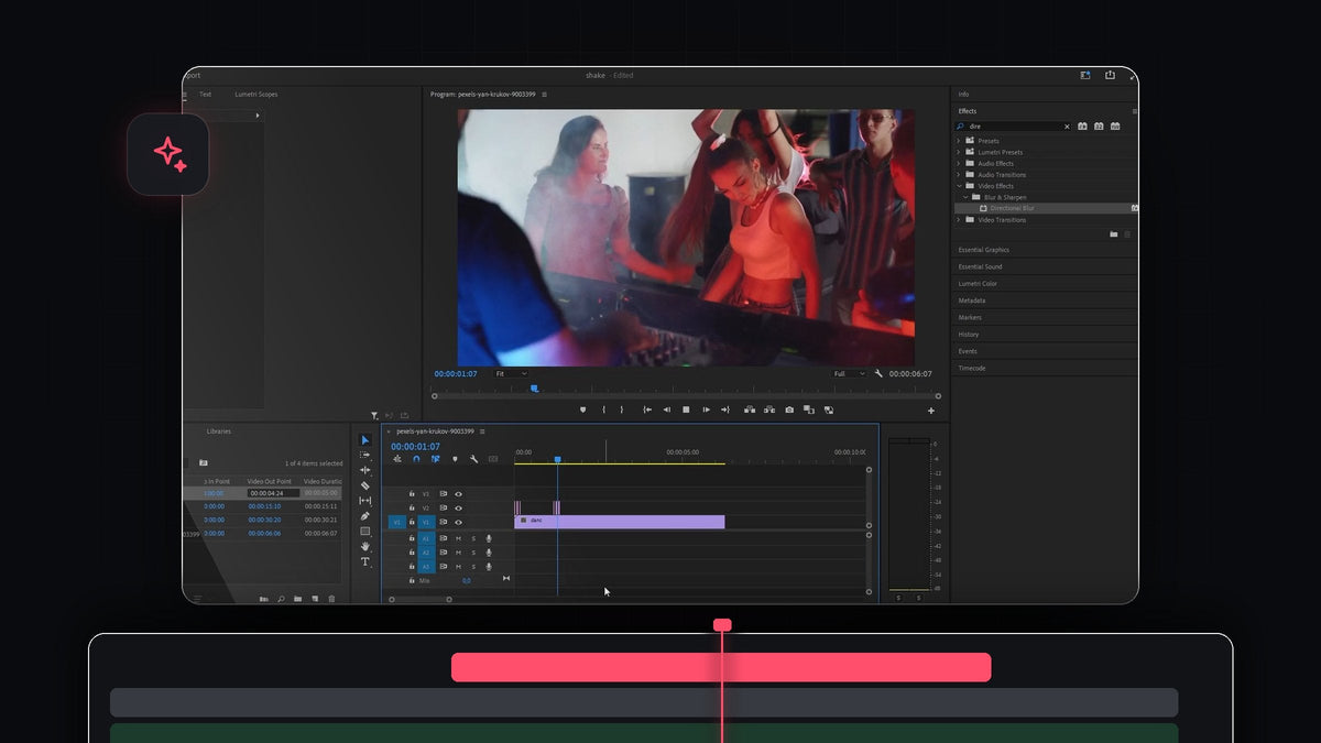 Premiere Pro workspace with a dance clip, an adjustment layer with Directional Blur and short shake blocks on the timeline