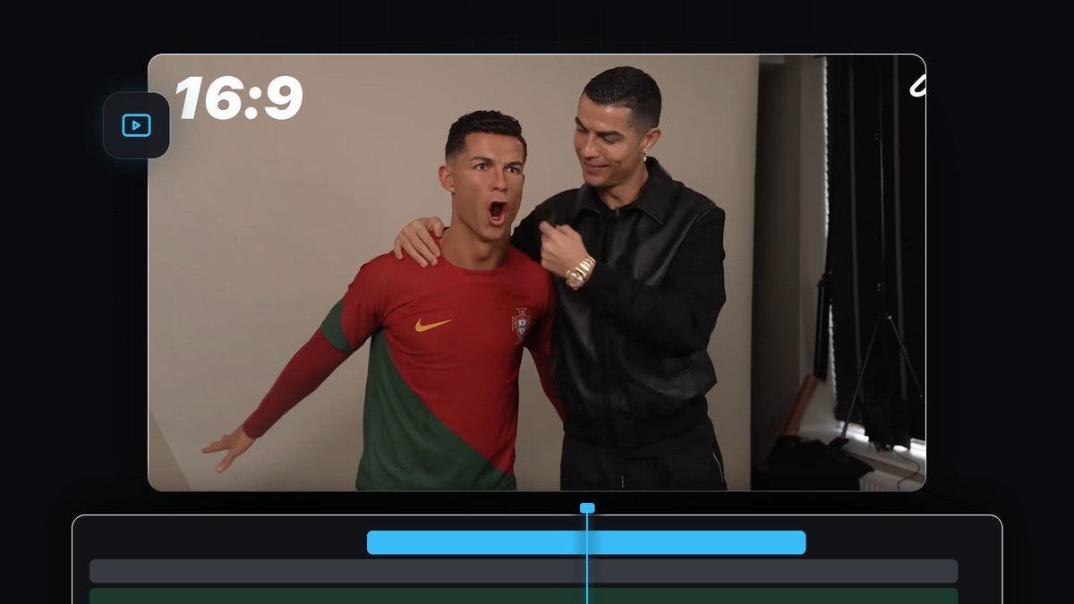 Two men posing together in a 16:9 frame, used to demonstrate changing the aspect ratio in Premiere Pro