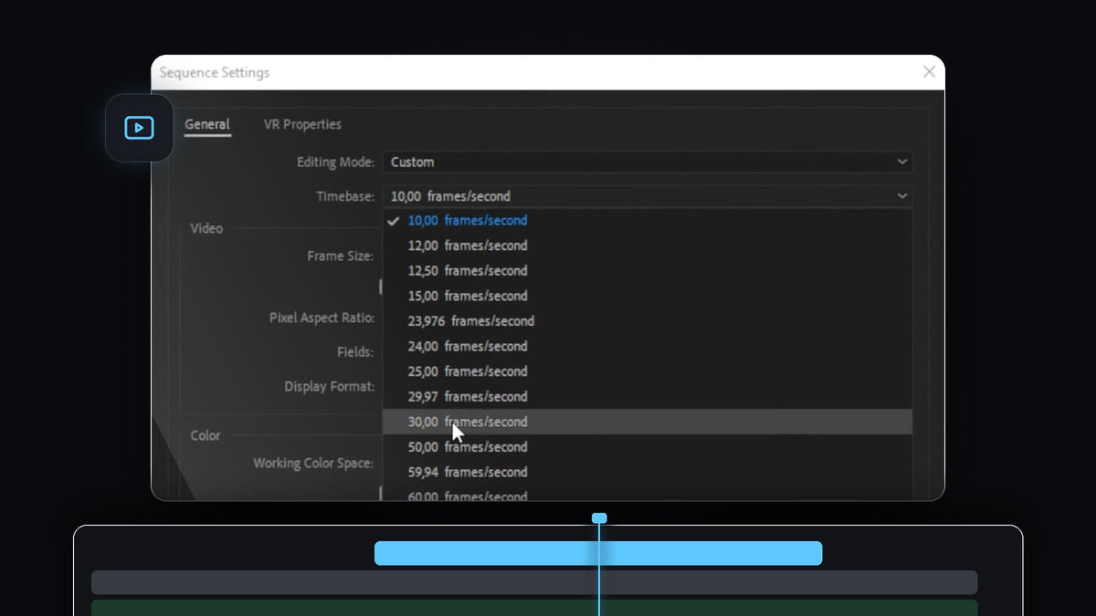 Premiere Pro Sequence Settings window with the Timebase dropdown open showing frame rates from 10 to 60 frames per second