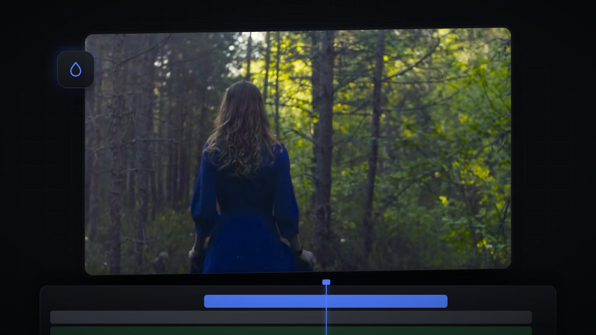 Woman in a forest wearing a dress whose colour was changed from red to blue in Premiere Pro