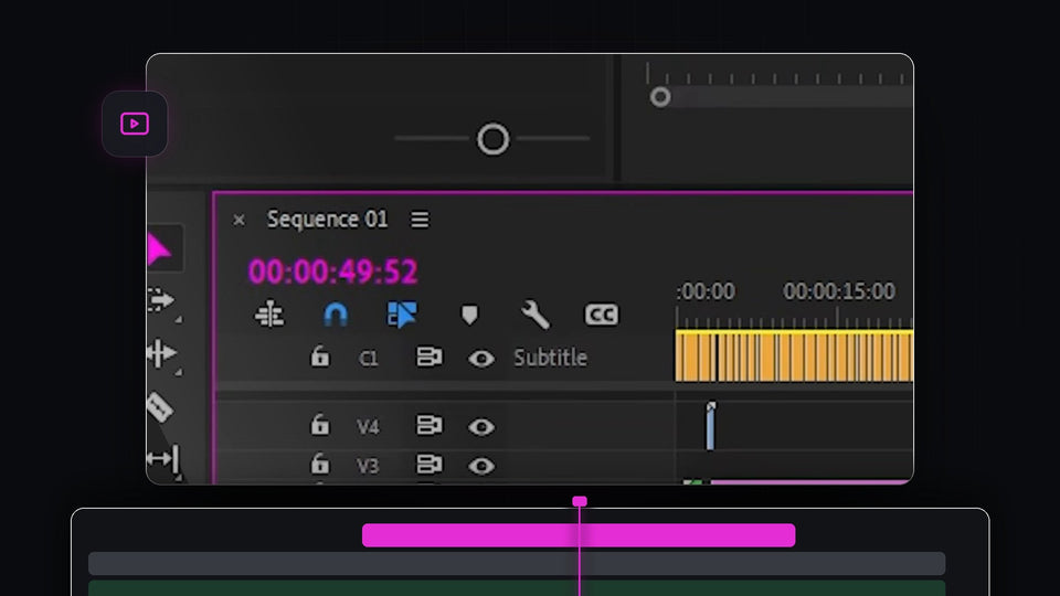 The Premiere Pro timeline panel recolored with a magenta highlight color