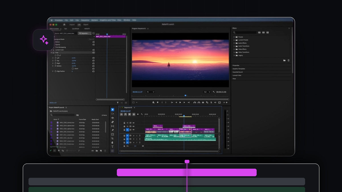 Premiere Pro editor with Lumetri Color and Crop applied through BetterFX to a sunset clip