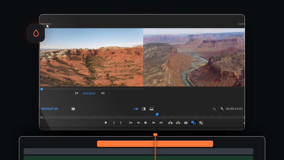 Reference and current canyon frames side by side in Color Match Comparison View in Premiere Pro