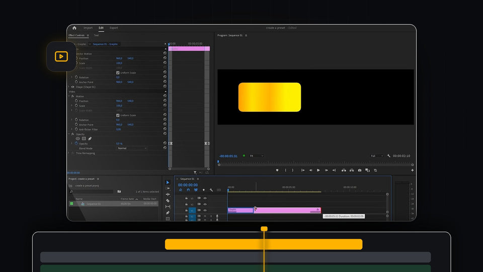 Premiere Pro workspace with a yellow gradient shape in the Program Monitor and Effect Controls open, used to create a preset