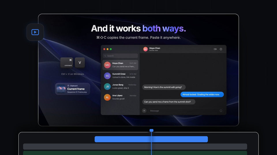 A frame copied from Premiere Pro with QuickPaste on the clipboard, next to a chat window and the Cmd V keys