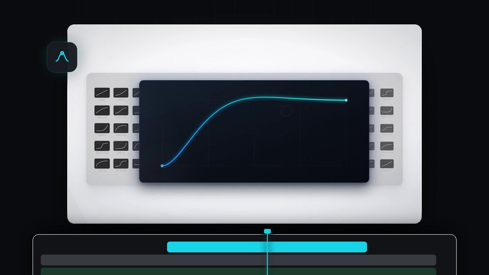 A glowing EaseFlow easing curve on a dark card in front of a grid of easing presets