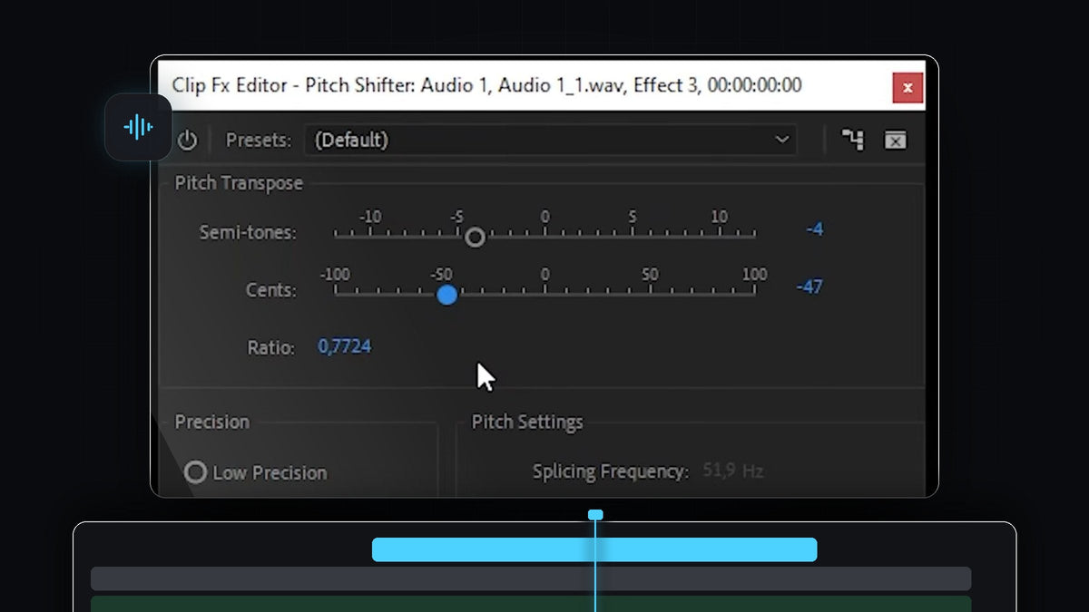Pitch Shifter Clip Fx Editor with semitones and cents lowered in Premiere Pro