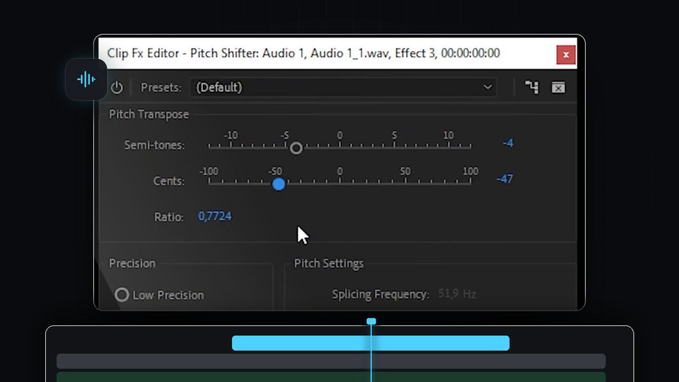 Pitch Shifter Clip Fx Editor with semitones and cents lowered in Premiere Pro