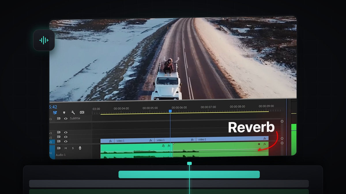 Premiere Pro timeline with a drone shot of a jeep on a snowy road and a song clip ending in a reverb tail