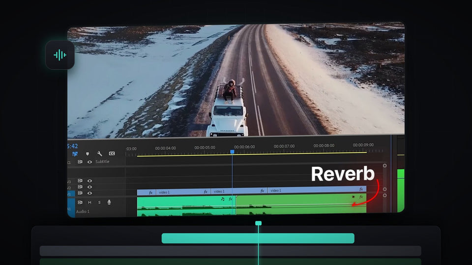 Premiere Pro timeline with a drone shot of a jeep on a snowy road and a song clip ending in a reverb tail
