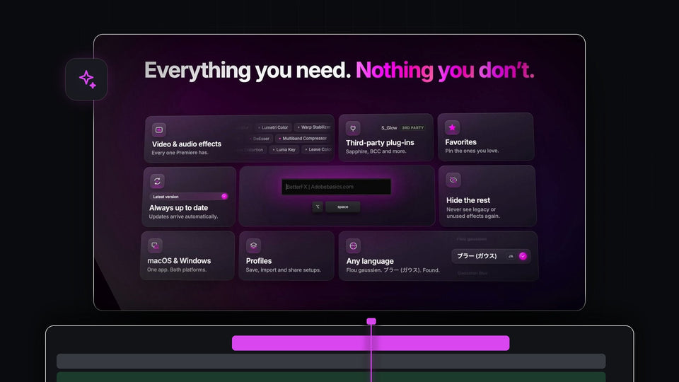 BetterFX feature overview for Premiere Pro: video and audio effects, third-party plug-ins, favorites, hidden effects, profiles and Mac and Windows support
