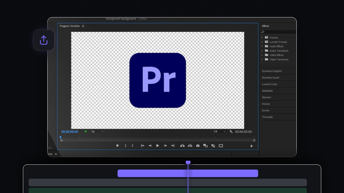 Premiere Pro Program Monitor showing a logo on a transparency grid, ready to export as a transparent video