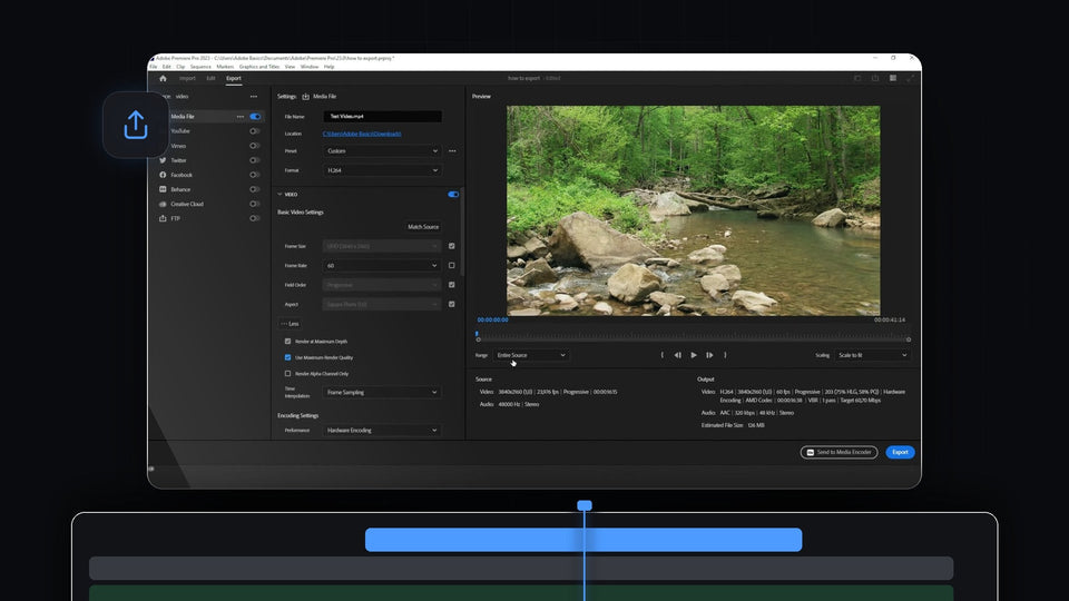 Premiere Pro Export tab with H.264 settings and a preview of a forest stream ready to export