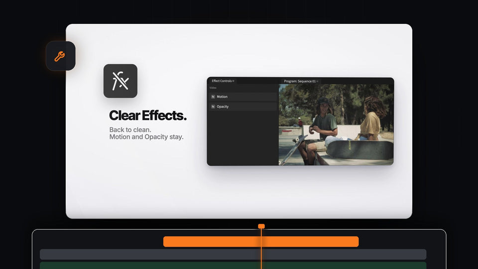 Mako Clear Effects in Premiere Pro: Effect Controls back to only Motion and Opacity next to a clean skate park shot