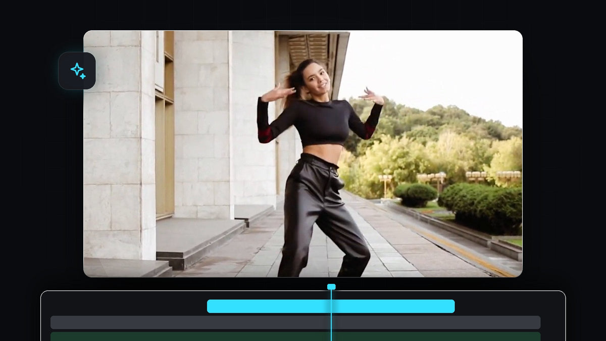 Woman dancing outdoors with her face kept in the center of the frame by the face tracking effect