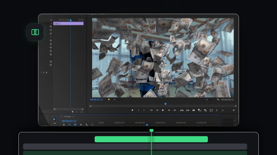 Dollar bills raining down over a person in a bright room, from the falling money transition in Premiere Pro