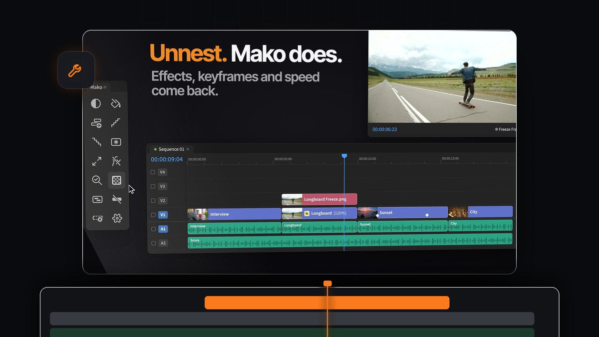 Mako Unnest in Premiere Pro: a nested sequence opened back onto the timeline with effects, keyframes and speed kept, next to the Mako panel