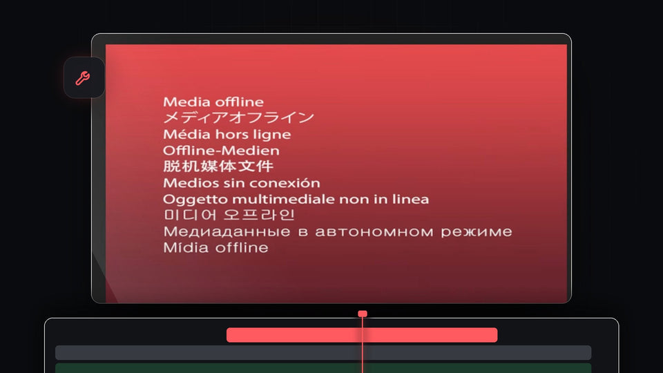 Red Media Offline screen in the Premiere Pro Program Monitor with the message in several languages