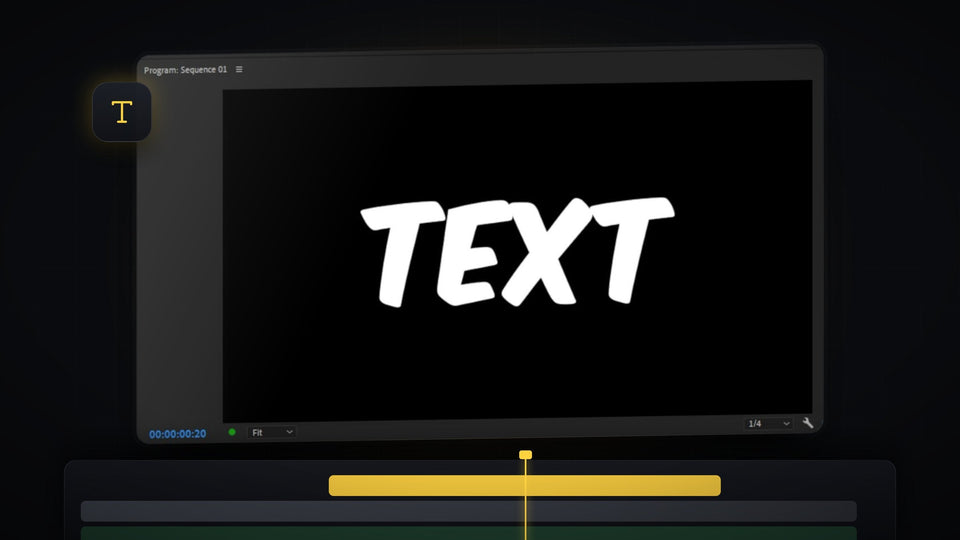 Premiere Pro Program Monitor showing bold white brush-style text on a black background for the floating text effect