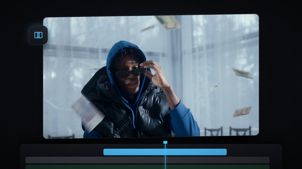 Frozen person with sunglasses and floating dollar bills in a freeze frame transition made in Premiere Pro