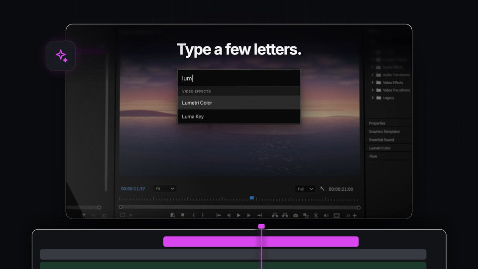 BetterFX search bar over the Premiere Pro Program Monitor with lum typed and Lumetri Color as the top result