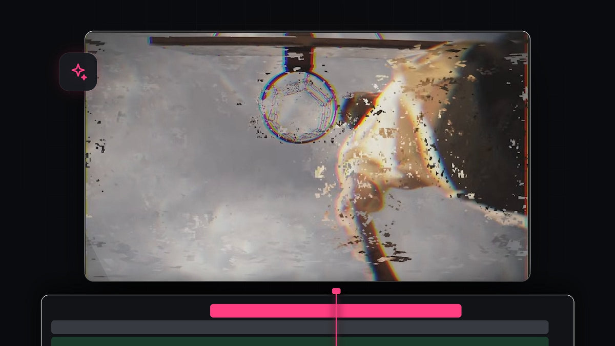 Distorted glitch effect with color fringing and pixel blocks over a basketball hoop and a smeared figure