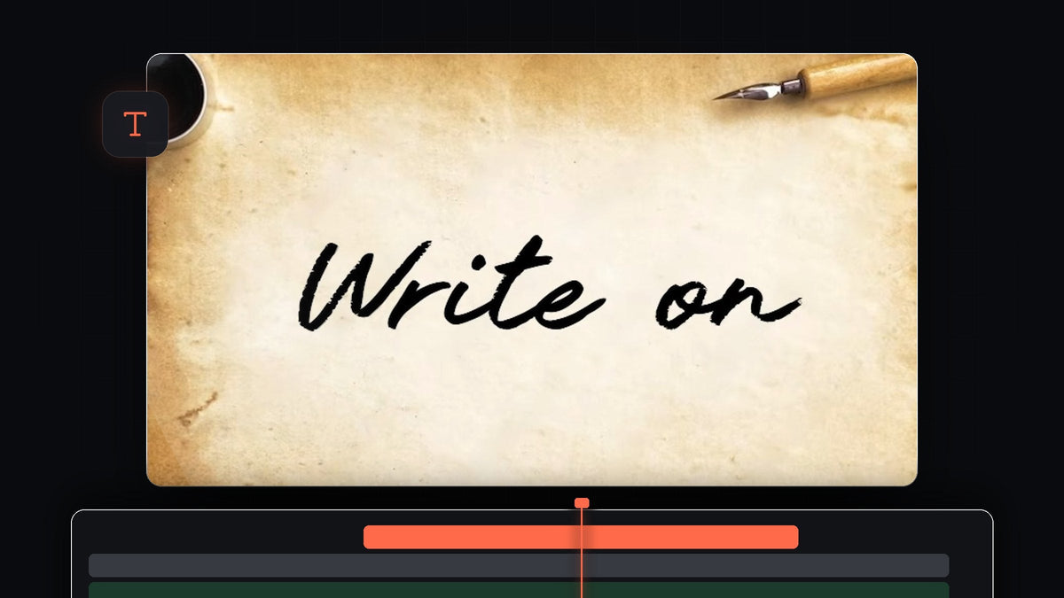 Black cursive handwriting on parchment paper with an ink pot and fountain pen in the Premiere Pro Program Monitor