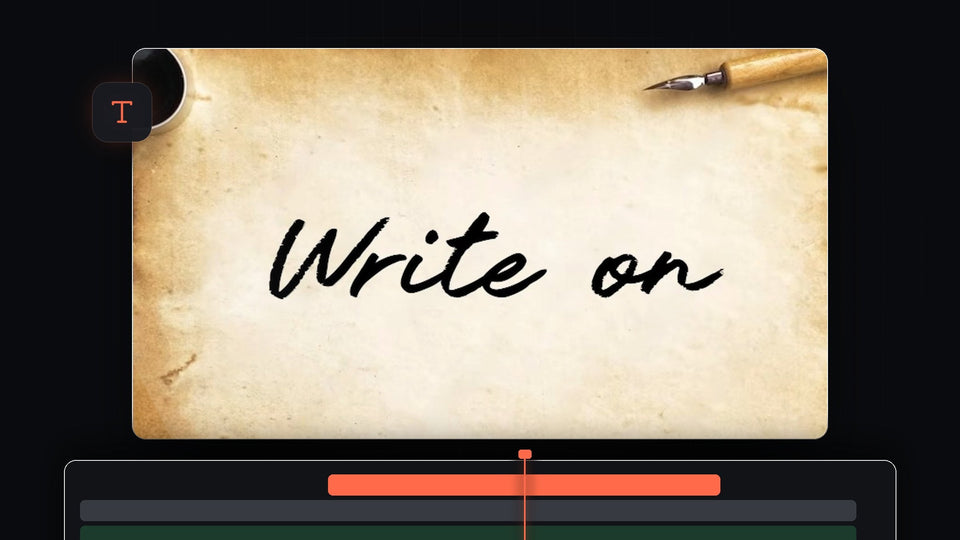Black cursive handwriting on parchment paper with an ink pot and fountain pen in the Premiere Pro Program Monitor