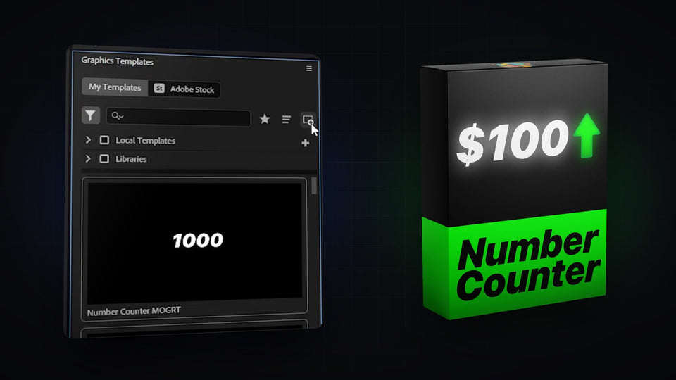 Graphics Templates panel in Premiere Pro with an installed MOGRT next to the Number Counter template