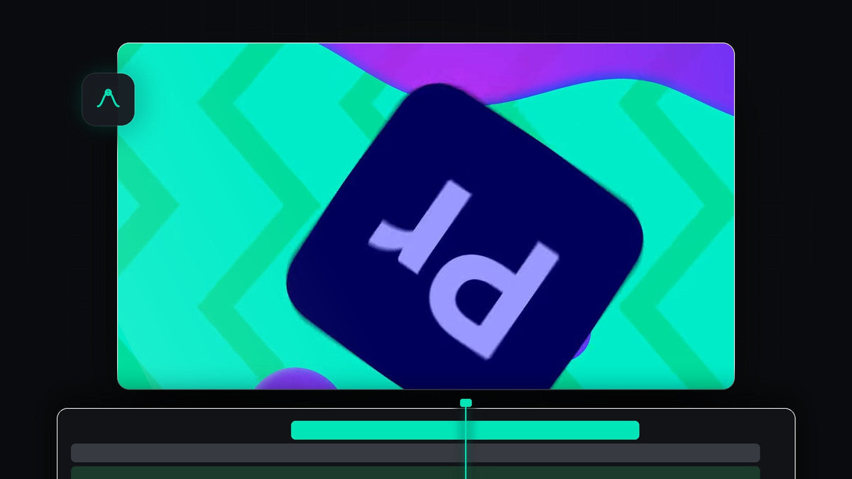 A dark blue app icon spinning against a bright teal and purple animated background in Premiere Pro