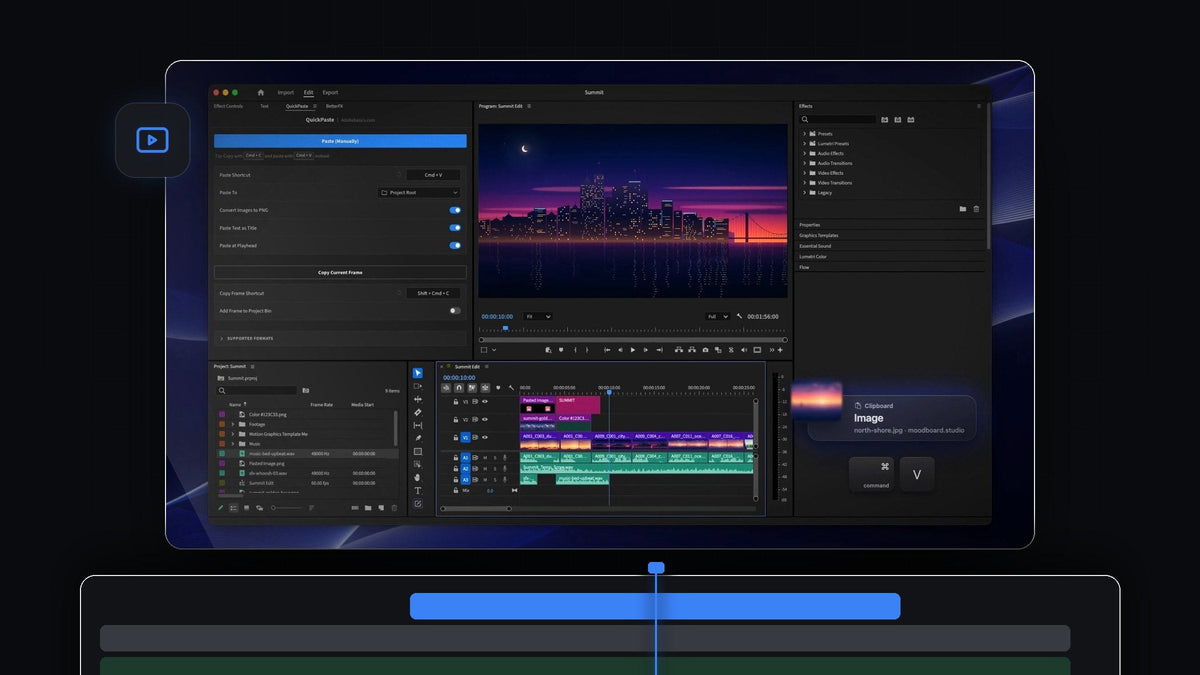 A copied image on the clipboard being pasted into Premiere Pro with Cmd plus V, the QuickPaste panel docked and a city skyline in the Program Monitor