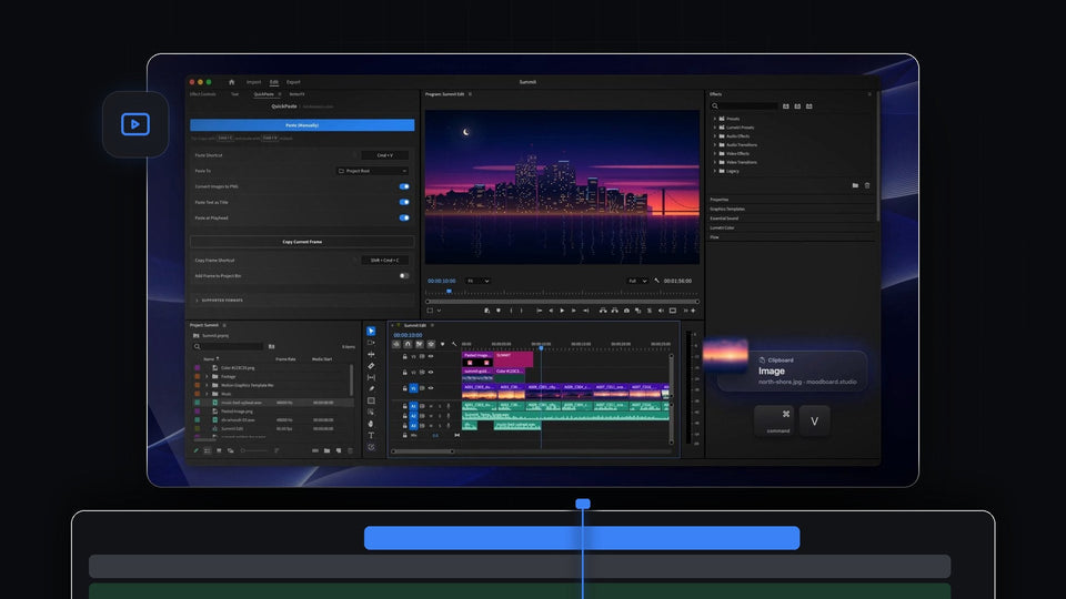 A copied image on the clipboard being pasted into Premiere Pro with Cmd plus V, the QuickPaste panel docked and a city skyline in the Program Monitor