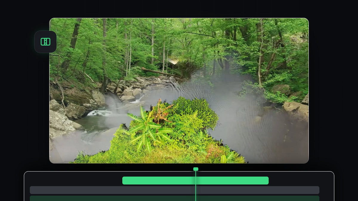Ink splash spreading over a forest river shot while a drone view of a green island appears inside it