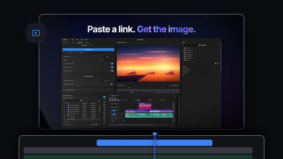 Paste a link, get the image: a desert image pasted from a link into Premiere Pro with QuickPaste, shown in the Program Monitor