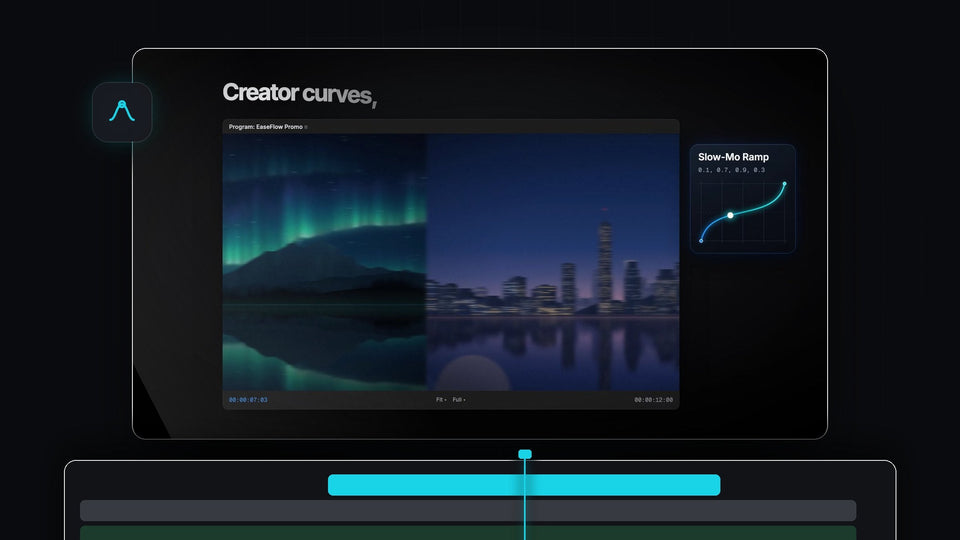 Premiere Pro Program monitor mid-transition between an aurora and a city skyline, with the EaseFlow Slow-Mo Ramp curve card