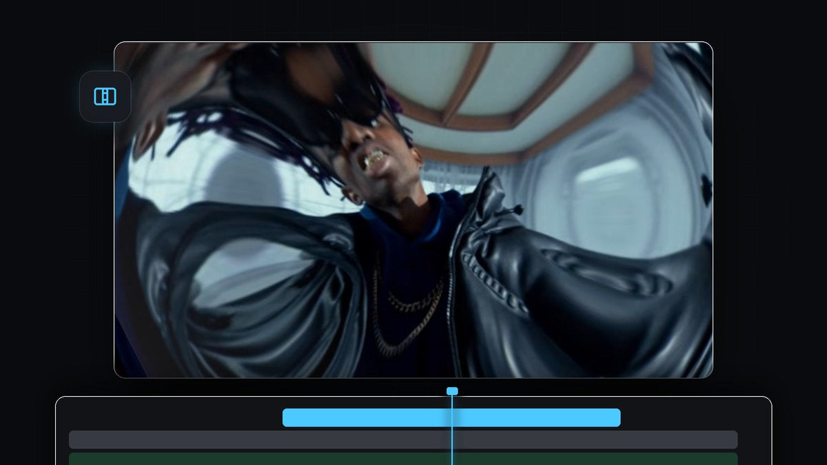 Fisheye lens distortion transition in Premiere Pro with the picture warped around a man in sunglasses and a leather jacket