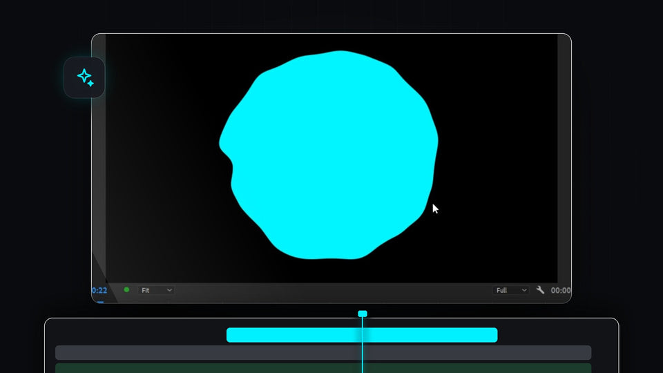 Cyan liquid blob with wobbly edges on a black background, made with Turbulent Displace in Premiere Pro