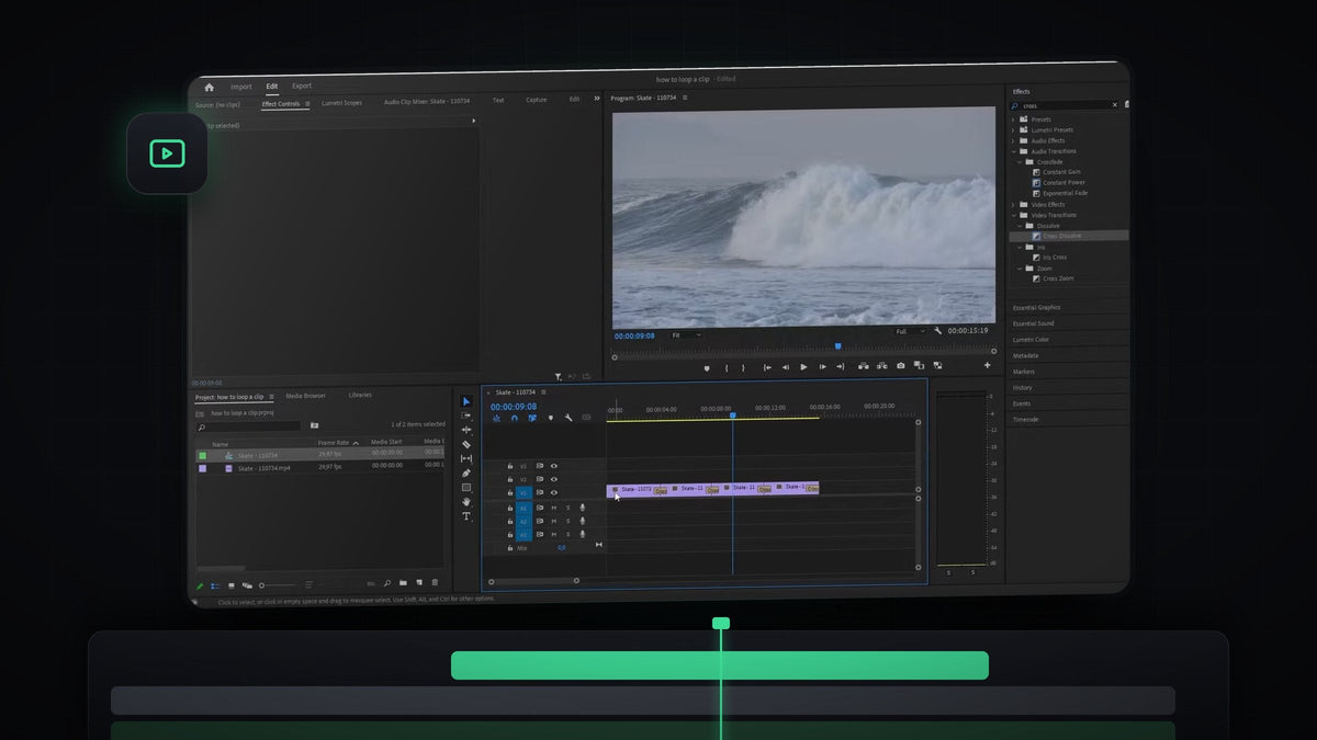 Premiere Pro workspace with a looped wave clip repeated on the timeline with Cross Dissolve transitions